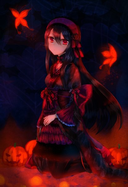 Anime picture 1000x1455 with original moe (hamhamham) single long hair tall image looking at viewer black hair red eyes halloween girl dress insect butterfly vegetables jack-o'-lantern pumpkin