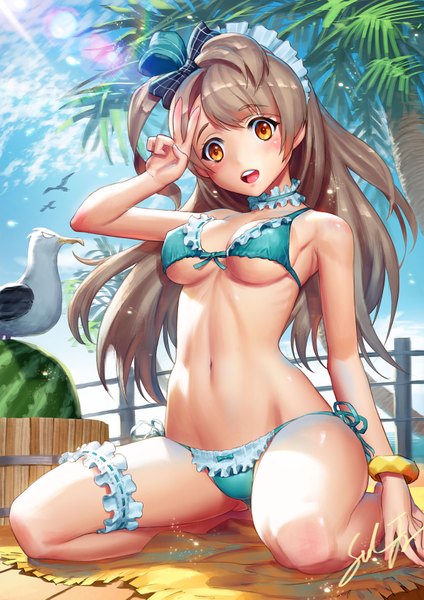 Anime picture 1200x1697 with love live! school idol project sunrise (studio) love live! minami kotori sinad-jeru single long hair tall image blush breasts open mouth light erotic brown hair orange eyes one side up girl navel bow swimsuit hair bow
