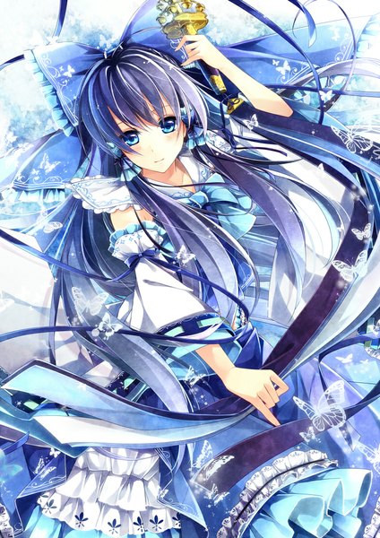 Anime picture 785x1110 with touhou hakurei reimu mochizuki shiina single tall image looking at viewer blush blue eyes twintails blue hair very long hair traditional clothes light smile alternate color girl skirt bow hair bow detached sleeves insect