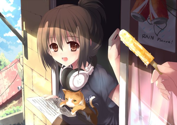 Anime picture 3000x2121 with original dreamlight2000 highres short hair open mouth brown hair brown eyes girl animal food sweets headphones cat t-shirt ice cream