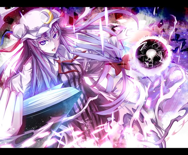 Anime picture 2000x1650 with touhou patchouli knowledge paparins (artist) single long hair highres open mouth purple eyes purple hair magic girl dress book (books) bonnet