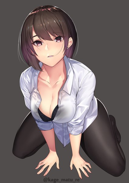 Anime picture 1447x2046 with original kagematsuri single tall image looking at viewer blush fringe short hair breasts light erotic simple background hair between eyes brown hair large breasts brown eyes signed cleavage full body parted lips multicolored hair