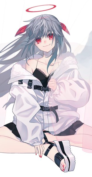 Anime picture 1233x2352 with original haizome senri single long hair tall image looking at viewer blush fringe breasts simple background smile hair between eyes red eyes white background sitting bare shoulders payot full body bent knee (knees) nail polish