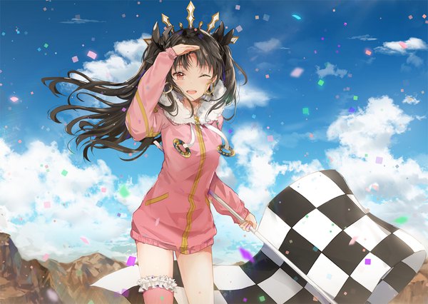 Anime picture 1200x853 with fate (series) fate/grand order ishtar (fate) ishtar (swimsuit rider) (fate) dangmill single long hair looking at viewer blush fringe open mouth black hair smile red eyes standing holding sky cloud (clouds) long sleeves one eye closed