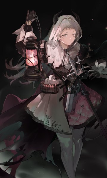 Anime picture 1202x2005 with arknights irene (arknights) ashukapeka single long hair tall image holding looking away silver hair horn (horns) from above silver eyes girl dress gloves weapon pantyhose black gloves gun lamp