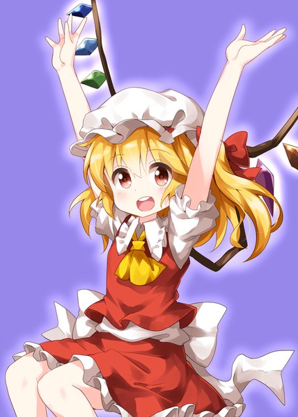 Anime picture 1000x1400 with touhou flandre scarlet ruu (tksymkw) single long hair tall image looking at viewer blush fringe open mouth simple background blonde hair hair between eyes red eyes :d arms up teeth one side up purple background girl