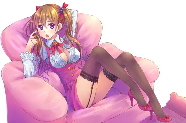 Anime picture 1400x933 with original xia you qing suikakitsu shiro long hair open mouth blue eyes light erotic brown hair sitting twintails legs girl thighhighs bow black thighhighs hair bow armchair
