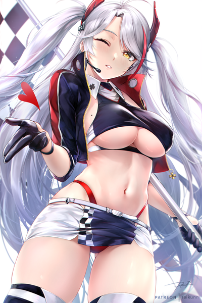 Anime picture 667x1000 with azur lane prinz eugen (azur lane) prinz eugen (final lap) (azur lane) rei kun single long hair tall image looking at viewer blush fringe breasts light erotic simple background hair between eyes standing holding signed yellow eyes payot silver hair