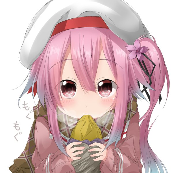 Anime-Bild 1600x1600 mit kantai collection harusame destroyer pentagon (railgun ky1206) single long hair looking at viewer blush fringe simple background white background holding pink hair long sleeves hair flower side ponytail eating exhalation food in mouth girl flower (flowers)