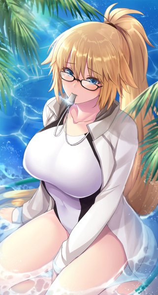 Anime picture 642x1200 with fate (series) fate/grand order jeanne d'arc (fate) (all) jeanne d'arc (swimsuit archer) pantsu majirou single tall image looking at viewer blush fringe breasts blue eyes light erotic blonde hair hair between eyes large breasts sitting holding ponytail very long hair
