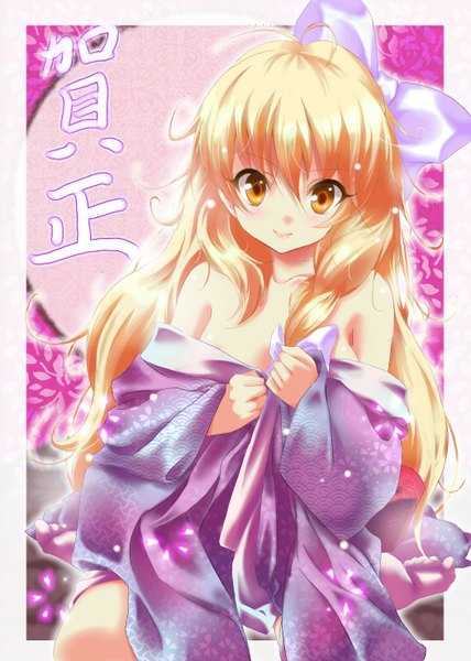 Anime picture 1054x1478 with kisaichi jin single long hair tall image looking at viewer blush light erotic blonde hair smile barefoot no bra orange eyes kneeling border undressing outside border girl bow hair bow yukata