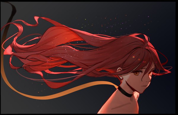 Anime picture 2484x1607 with original dokshuri single long hair looking at viewer fringe highres simple background hair between eyes bare shoulders upper body red hair orange eyes gradient background floating hair girl ribbon (ribbons) choker