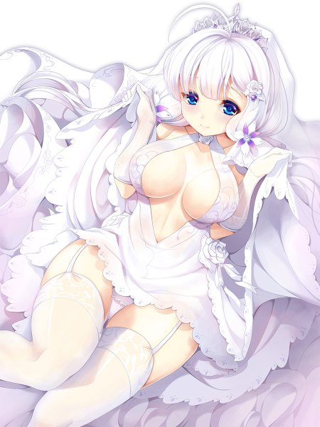 Anime picture 900x1200 with azur lane illustrious (azur lane) illustrious (morning star of love and hope) (azur lane) koflif single long hair tall image looking at viewer blush fringe breasts blue eyes light erotic simple background smile large breasts white background sitting twintails holding