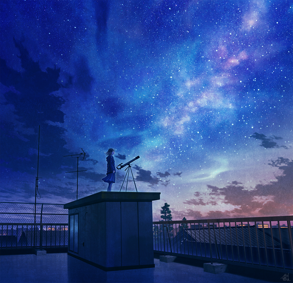 Anime picture 1400x1355 with original mocha (cotton) single short hair brown hair standing signed looking away cloud (clouds) wind night night sky evening scenic milky way girl skirt building (buildings) star (stars) fence