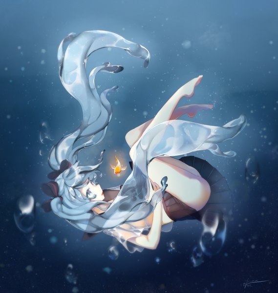 Anime picture 1280x1350 with vocaloid hatsune miku bottle miku kakon single tall image open mouth blue eyes light erotic twintails signed blue hair very long hair barefoot underwater liquid hair girl uniform ribbon (ribbons) hair ribbon
