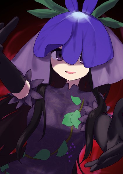 Anime picture 2039x2894 with touhou unfinished dream of all living ghost yomotsu hisami 144udy single long hair tall image highres open mouth black hair smile purple eyes upper body :d shaded face outstretched hand girl gloves flower (flowers) black gloves