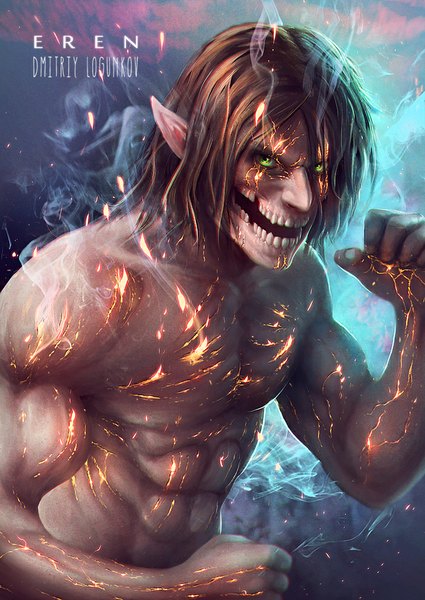 Anime picture 702x992 with shingeki no kyojin production i.g eren yaeger rogue titan logunkov single tall image short hair open mouth brown hair green eyes pointy ears teeth smoke muscle boy monster fist