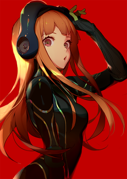 Anime-Bild 566x800 mit persona 5 persona sakura futaba ask (askzy) single long hair tall image looking at viewer fringe open mouth simple background brown eyes upper body blunt bangs arm up orange hair floating hair red background girl gloves