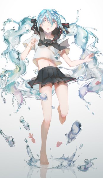 Anime picture 1160x2000 with vocaloid hatsune miku bottle miku fuurin single long hair tall image fringe open mouth simple background twintails barefoot aqua eyes aqua hair bare legs legs reflection looking up bent over running
