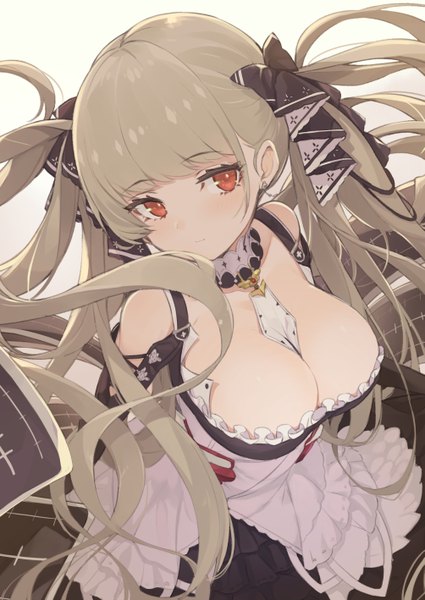 Anime picture 1003x1417 with azur lane formidable (azur lane) tam-u single long hair tall image blush fringe breasts light erotic simple background red eyes large breasts white background twintails bare shoulders looking away cleavage blunt bangs head tilt