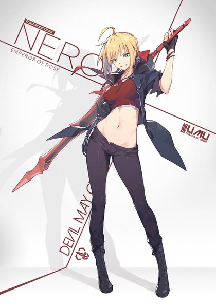 Anime picture 1050x1500 with fate (series) fate/grand order devil may cry fate/extra nero claudius (fate) (all) nero claudius (fate) dante (devil may cry) nian (zhanian) single tall image looking at viewer fringe short hair breasts simple background blonde hair smile standing white background green eyes