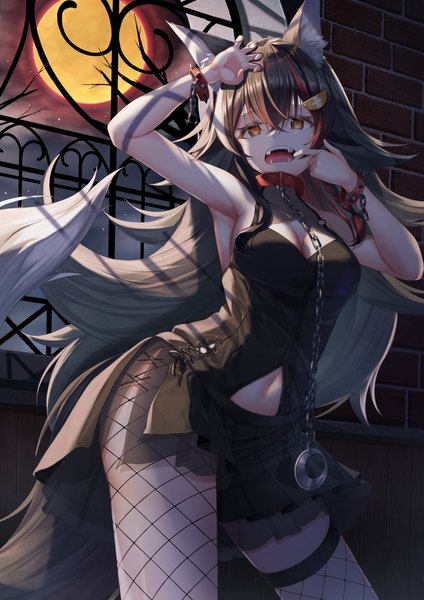 Anime picture 1721x2435 with virtual youtuber hololive ookami mio miseki you single tall image looking at viewer fringe highres breasts open mouth black hair hair between eyes large breasts animal ears tail animal tail multicolored hair night arms up