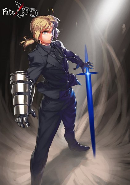 Anime picture 2549x3624 with fate (series) fate/zero type-moon artoria pendragon (all) saber azusa (hws) single tall image looking at viewer highres short hair blue eyes blonde hair ahoge ponytail inscription black background girl sword armor