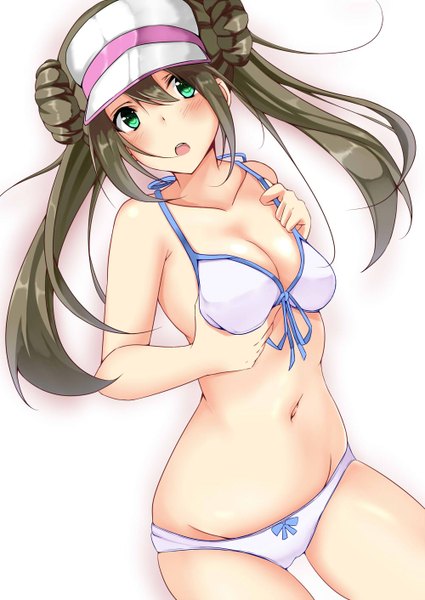 Anime picture 1000x1412 with pokemon pokemon black and white nintendo rosa (pokemon) fuuma (humawww) single long hair tall image blush breasts open mouth light erotic twintails holding green eyes front-tie top girl navel underwear panties