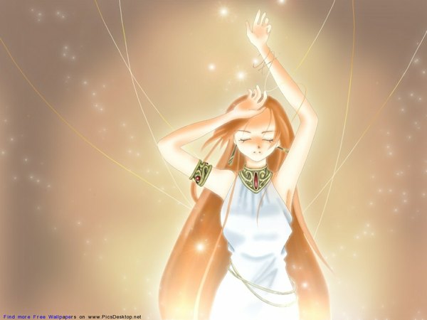 Anime picture 1152x864 with suzuki hiiragiko single long hair simple background eyes closed orange hair arms up girl dress earrings thread gorget