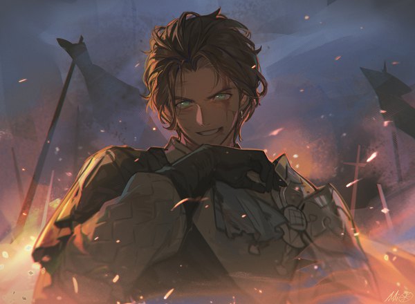 Anime picture 2500x1833 with fire emblem fire emblem: three houses nintendo claude von riegan alzi xiaomi single looking at viewer highres short hair smile brown hair green eyes signed upper body parted lips injury boy gloves black gloves armor