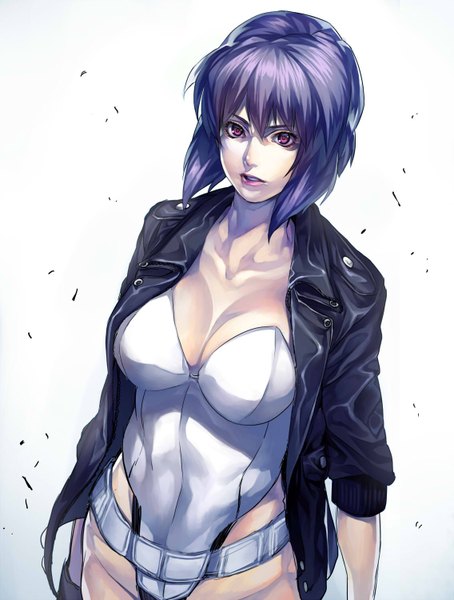 Anime picture 1136x1500 with ghost in the shell production i.g kusanagi motoko irohara mitabi single tall image looking at viewer fringe short hair breasts open mouth light erotic blue hair purple hair pink eyes multicolored hair from above open clothes open jacket teeth