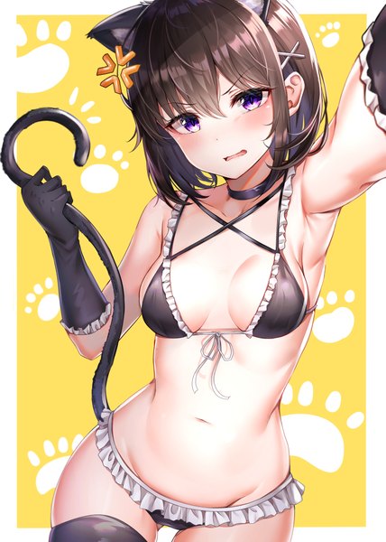 Anime picture 1694x2373 with original nyung single tall image looking at viewer blush fringe short hair breasts light erotic hair between eyes brown hair purple eyes bare shoulders animal ears cleavage tail animal tail cat ears bare belly
