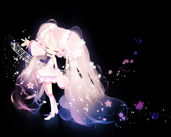 Anime picture 1280x1024 with vocaloid hatsune miku sakura miku puti devil single twintails pink hair eyes closed very long hair hair flower black background chibi girl hair ornament detached sleeves thigh boots musical note