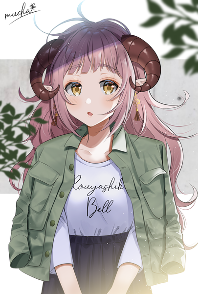 Anime picture 1378x2039 with virtual youtuber iriam rouyashiki bell myusha single long hair tall image looking at viewer blush fringe open mouth standing signed yellow eyes payot pink hair ahoge pleated skirt horn (horns) pointy ears