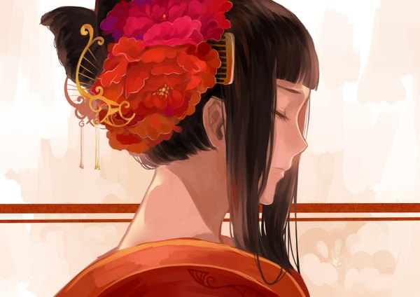 Anime picture 3035x2149 with original rrr (reason) rrr (627470487) single long hair highres brown hair absurdres eyes closed traditional clothes profile hair flower girl hair ornament