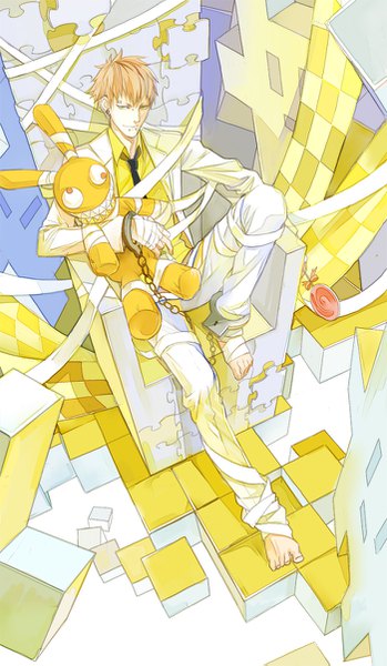 Anime picture 700x1203 with dramatical murder nitro+chiral noiz (dmmd) niaoniao single tall image looking at viewer fringe short hair blonde hair hair between eyes sitting holding yellow eyes full body bent knee (knees) barefoot from above light smile piercing