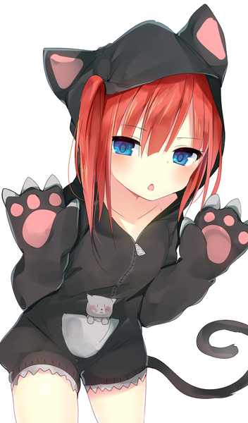 Anime picture 1000x1700 with original umibouzu (niito) single long hair tall image looking at viewer blush fringe open mouth blue eyes simple background white background animal ears red hair tail animal tail cat ears cat tail side ponytail lightning