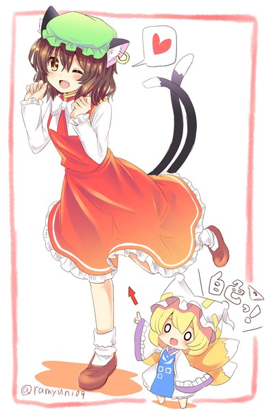 Anime picture 1349x2048 with touhou yakumo ran chen ramudia (lamyun) tall image looking at viewer short hair open mouth simple background smile brown hair standing white background multiple girls brown eyes signed animal ears tail long sleeves animal tail
