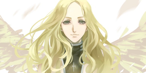 Anime picture 1366x692 with claymore madhouse teresa kristin13 (koushui13) single long hair looking at viewer fringe blonde hair simple background wide image white background upper body grey eyes wavy hair girl wings