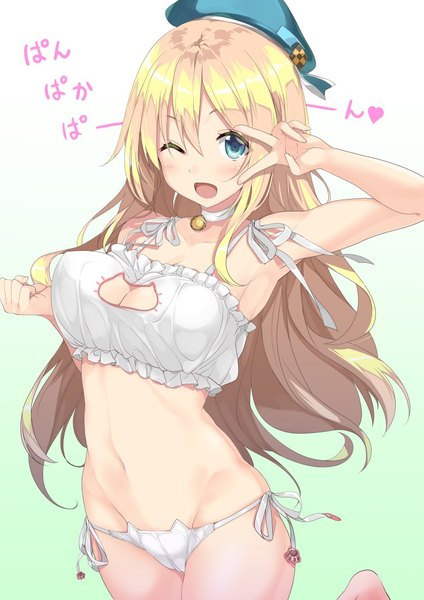 Anime picture 810x1146 with kantai collection atago heavy cruiser gintarou (kurousagi108) single long hair tall image blush fringe breasts open mouth blue eyes light erotic simple background blonde hair hair between eyes large breasts one eye closed wink underwear only gradient background