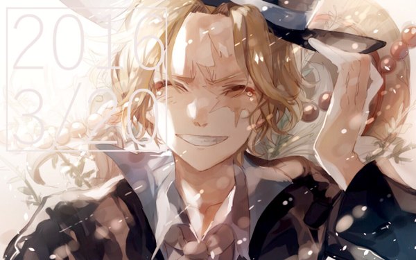 Anime picture 1280x800 with one piece toei animation sabo (one piece) tsugutoku single short hair blonde hair smile upper body eyes closed teeth dated scar ^ ^ adjusting hat boy beads teardrop