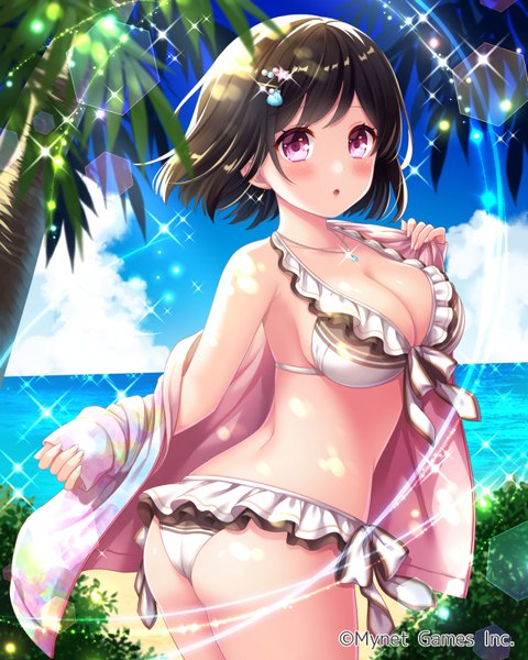 Anime picture 640x800 with original stardrop single tall image looking at viewer blush fringe short hair breasts open mouth light erotic black hair standing bare shoulders payot sky cloud (clouds) outdoors ass long sleeves
