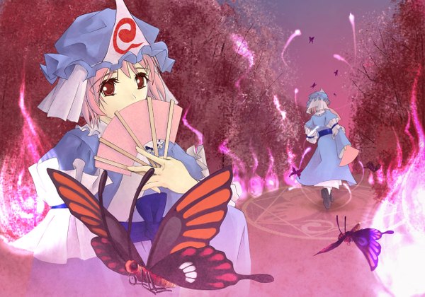 Anime picture 1250x875 with touhou saigyouji yuyuko phi lin short hair red eyes looking away pink hair magic multiview covered mouth girl plant (plants) hat tree (trees) headdress insect butterfly bonnet fan flame
