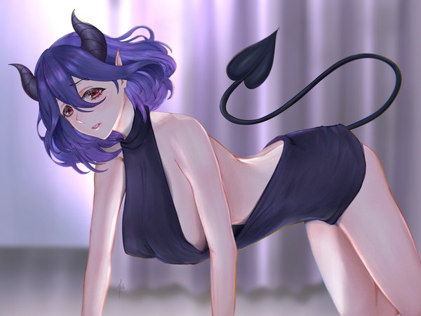 Anime picture 2048x1536 with kinsou no vermeil vermeil (kinsou no vermeil) grimlow single looking at viewer blush fringe highres short hair breasts light erotic hair between eyes red eyes purple hair ass indoors tail parted lips pointy ears blurry