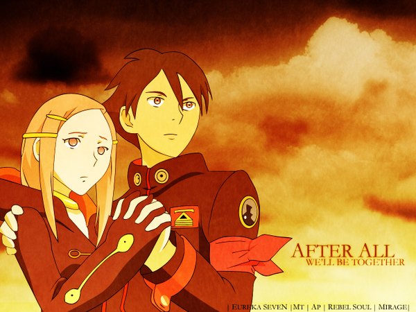 Anime picture 1280x960 with eureka seven studio bones anemone dominic sorel short hair cloud (clouds) wallpaper couple holding hands orange background girl boy hair ornament hairclip
