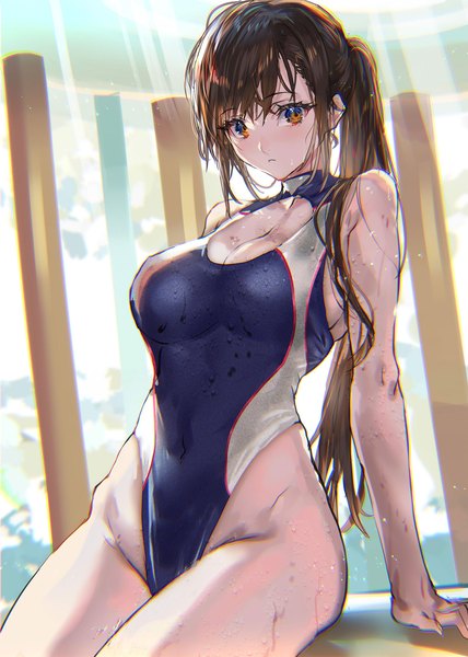 Anime picture 1141x1600 with original ranou single long hair tall image looking at viewer fringe breasts light erotic hair between eyes brown hair large breasts sitting brown eyes payot cleavage ponytail arm support wet groin