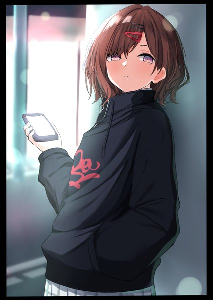 Anime picture 1002x1416 with idolmaster idolmaster shiny colors higuchi madoka nichijo single tall image fringe short hair brown hair standing purple eyes mole mole under eye border hand in pocket against wall girl hairclip bobby pin mobile phone