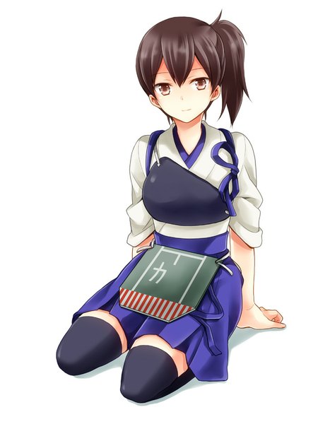 Anime picture 700x934 with kantai collection kaga aircraft carrier kubyou azami single tall image looking at viewer short hair simple background brown hair white background sitting brown eyes traditional clothes japanese clothes light smile side ponytail girl thighhighs black thighhighs armor