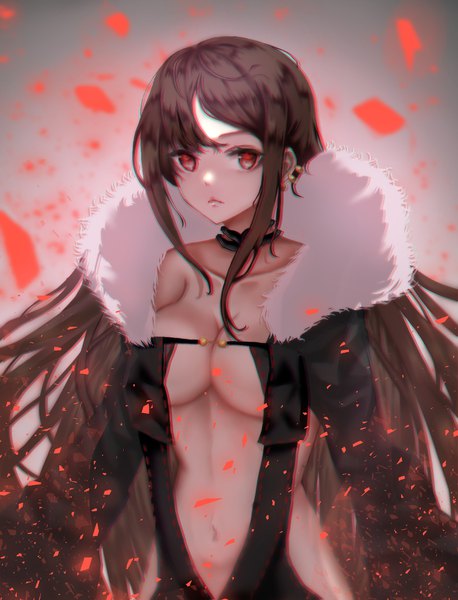Anime picture 1250x1636 with fate (series) fate/grand order yu mei-ren (fate) rory single long hair tall image looking at viewer fringe breasts light erotic simple background red eyes brown hair large breasts standing payot upper body blurry grey background