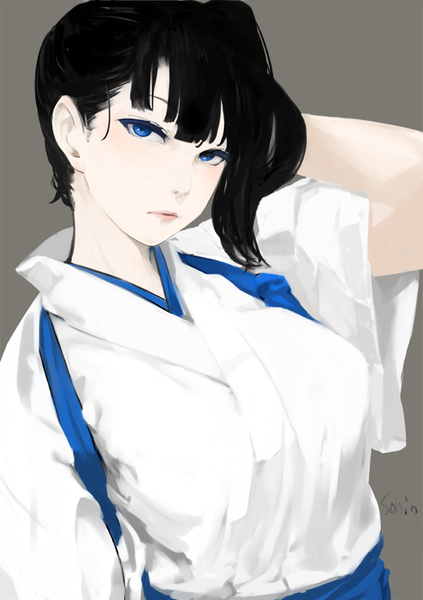 Anime picture 565x800 with kantai collection kaga aircraft carrier sohin single long hair tall image looking at viewer fringe blue eyes black hair simple background traditional clothes japanese clothes grey background wide sleeves side ponytail hand on head white skin girl